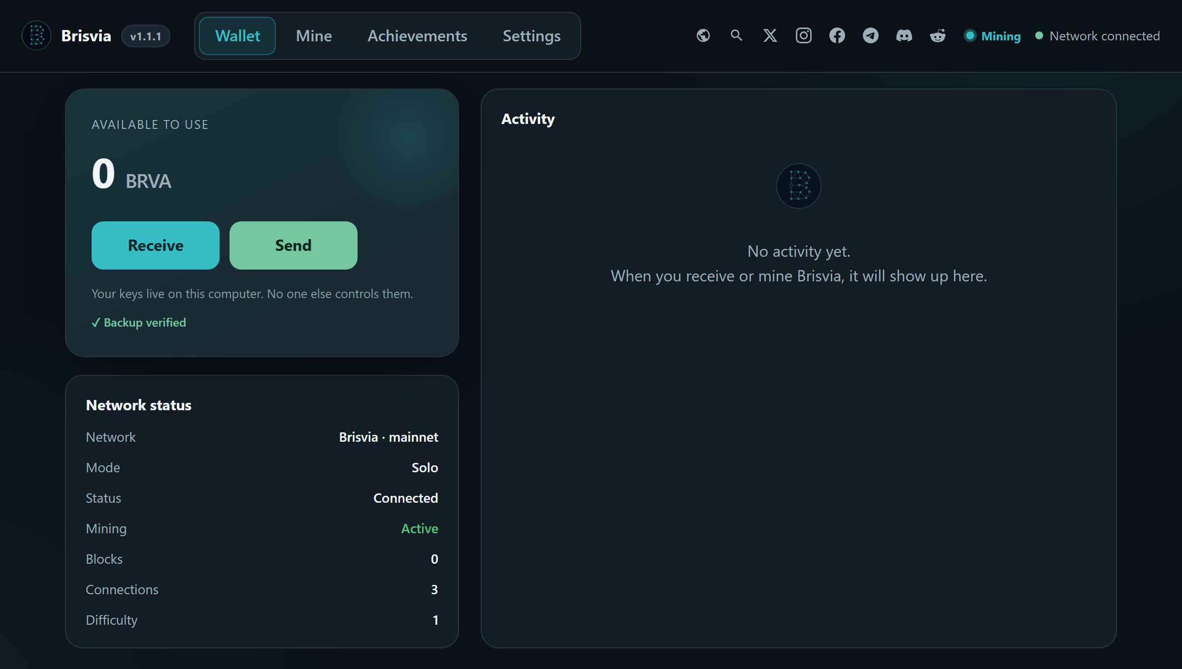 Brisvia wallet screen