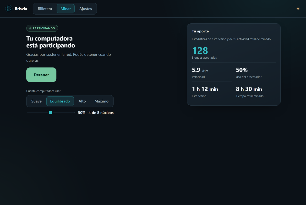 Pantalla de minado de Brisvia mostrando saldo y actividad