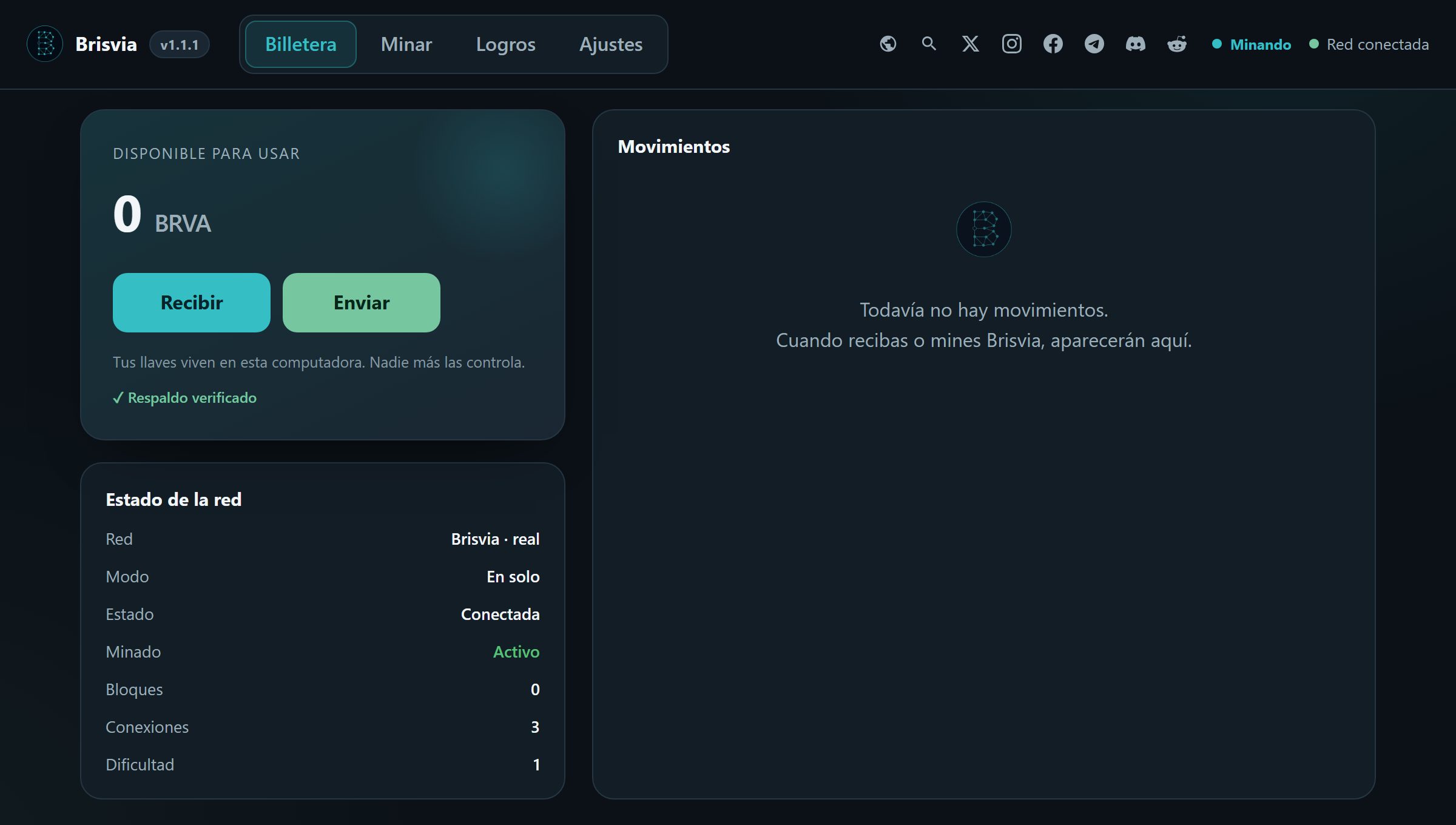 Brisvia wallet screen