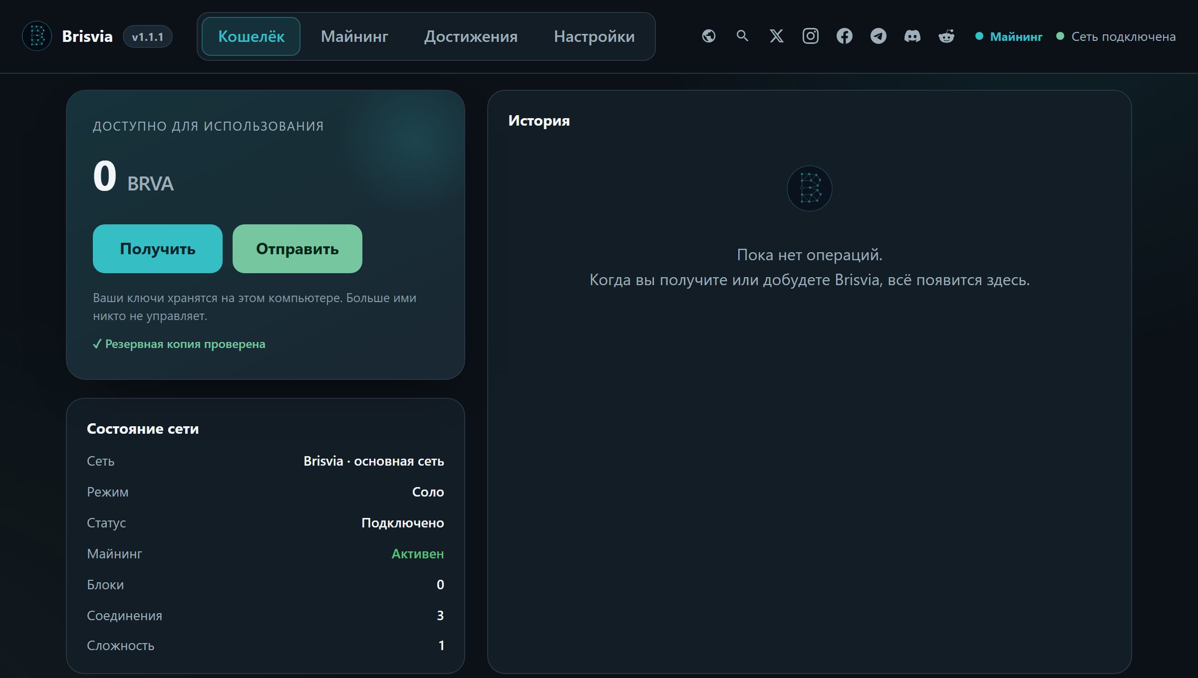 Brisvia wallet screen